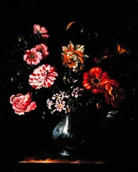 Fleurs dans un vase bleu et blanc