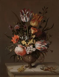 Nature morte avec un vase de fleurs et une grenouille morte
