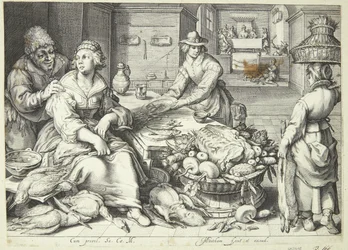 Scène de cuisine avec une femme plumant de la volaille