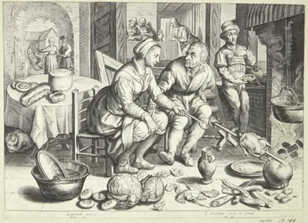 Scène de cuisine avec un homme et une femme faisant rôtir un poulet