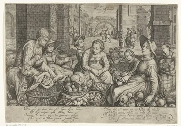 Scène de marché avec en arrière-plan la parabole des ouvriers dans la vigne, vers 1600