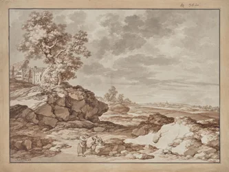 Paysage avec village et deux paysans