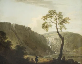 Paysage rocheux avec une cascade et un artiste assis au premier plan