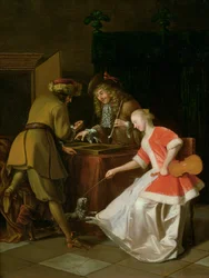 Joueurs de tric-trac avec une dame et son chien