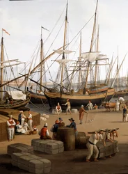 Vue du port de Messine en Sicile. Dockers déchargeant les marchandises