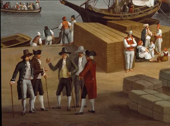 Vue du port de Messine en Sicile (détail) représentant un groupe de riches marchands négociants