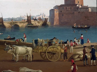 Vue du port de Tarente en Italie au 18ème siècle Dockers dans le port déchargeant les marchandises, charrette tirée par des bœufs