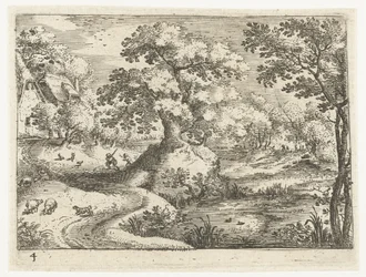 Paysage avec voyageurs près des maisons