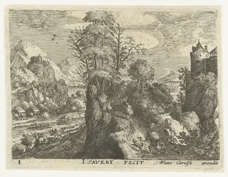 Paysage avec voyageurs sur une roche escarpée