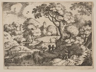 Chemin entre le marais et la rive boisée, extrait de Paysages