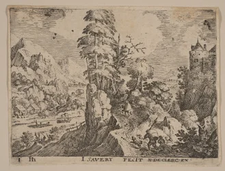 Chemin avec des voyageurs à droite de la rivière, extrait de Paysages