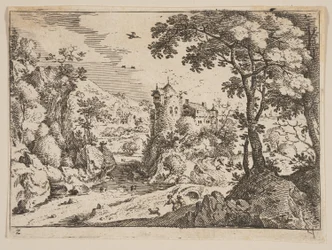 Ruisseau entre le coteau rocheux et le château, tiré de Paysages