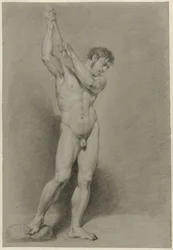 Homme nu debout avec un bâton au-dessus de la tête