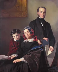 Mme A J Schmidt-Keiser, veuve du peintre Willem Hendrik Schmidt (1809-49), professeur de Jacob Spoel, avec son frère J N Keiser et son fils de dix ans.