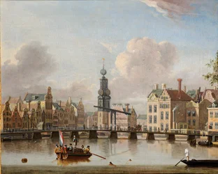 Vue du Munt, Amsterdam avec des figures dans des bateaux et nageant dans le canal