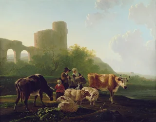Figures rustiques avec du bétail et des moutons