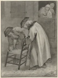 Deux hommes avec chapeau regardant une chaise en paille