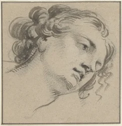Tête de femme avec cheveux bouclés, trois quarts vers la droite et penchée en avant