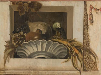 Nature morte avec un bol de maïs, artichauts, raisins et un perroquet