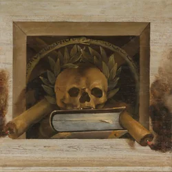 Nature morte de vanité avec crâne couronné de laurier, livre et deux bougies allumées