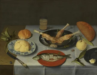 Petit déjeuner avec pain, fromage, poisson et bière, vers 1615