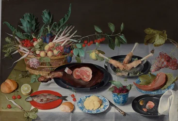 Nature morte avec viande, poisson, légumes et fruits, c.1615-20