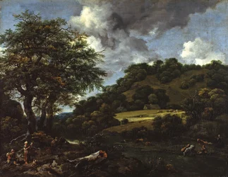 Un paysage vallonné avec de grands chênes