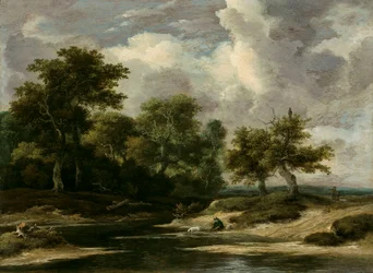 Paysage de rivière boisée avec un voyageur et son chien