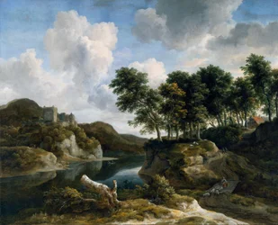 Paysage fluvial avec un château sur une haute falaise