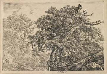 Le grand hêtre, avec deux hommes et un chien