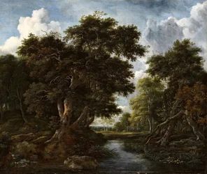 Paysage boisé avec des chasseurs et une rivière