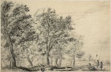 Paysage de Rivière Boisé avec Trois Personnes Pêchant