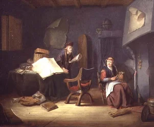 Intérieur avec un érudit et une vieille dame filant