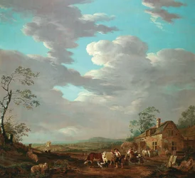 Néerlandais : Paysage avec personnages et bétail près d