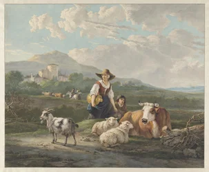 Une paysanne et un garçon avec des moutons et une vache dans un paysage montagneux