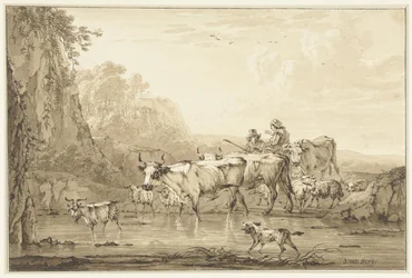 Berger et bergère avec bovins et moutons près d