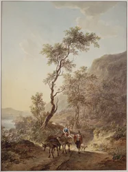 Paysage italianisant avec un couple de bergers sur un chemin de campagne