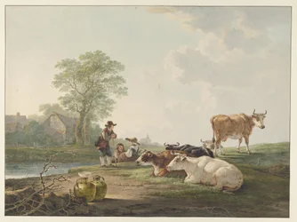 Paysans près de bétail au repos dans un paysage hollandais