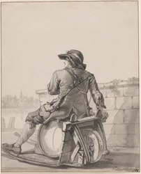 Homme assis sur un tonneau sur une brouette