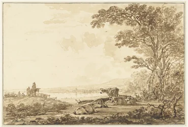 Paysage fluvial avec bétail au repos