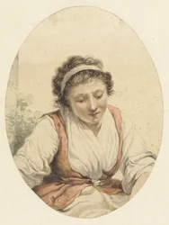 Femme avec un gilet rouge et un ruban blanc dans les cheveux