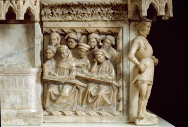 Monument funéraire de Carlo, Roberto et Riccardo da Saliceto : étudiants suivant un cours (sculpture, vers 1403)