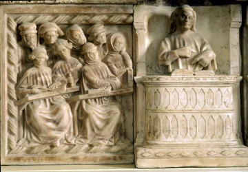 Monument funéraire de Carlo, Roberto et Riccardo da Saliceto : étudiants assistant à un cours (sculpture, vers 1403)