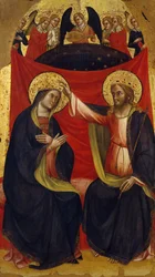 Couronnement de la Vierge, détail du panneau central du Triptyque avec le Couronnement de la Vierge et des saints