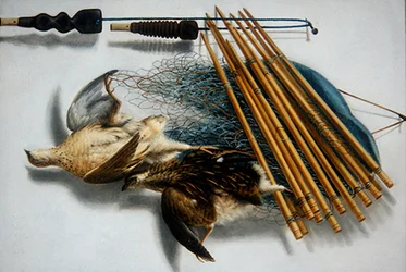 Nature morte avec deux cailles et accessoires de chasse