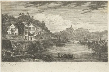 Paysage fluvial avec hôtel sur le quai