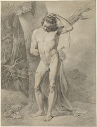 Homme nu debout, devant un arbre