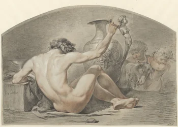 Homme nu assis, la main sur la poignée d