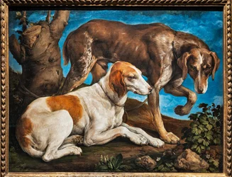 Portrait de deux chiens attachés à une bûche
