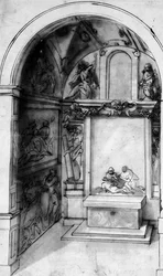 Conception pour une chapelle décorée de fresques et un autel avec une Lamentation, l